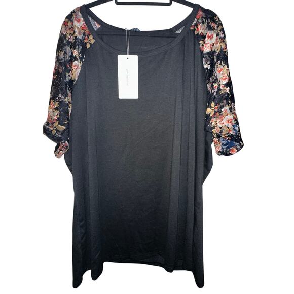 26 4X Plus Size BloomChic Floral Mesh Sleeve Black Stretchy T Shirt Top - Picture 2 of 7
